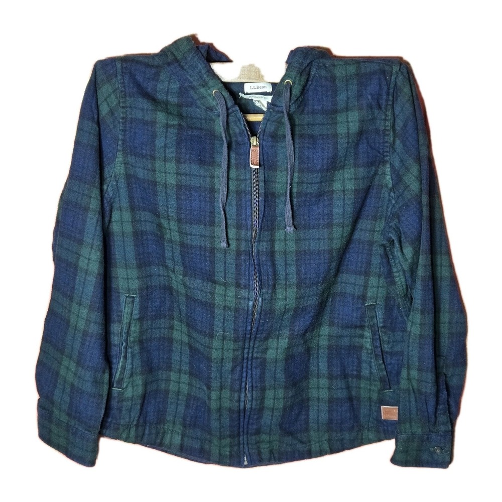 L.L.Bean Flannel Hoodie‎ Scotch Plaid Women's M Green Blue Full Zip Relaxed Fit